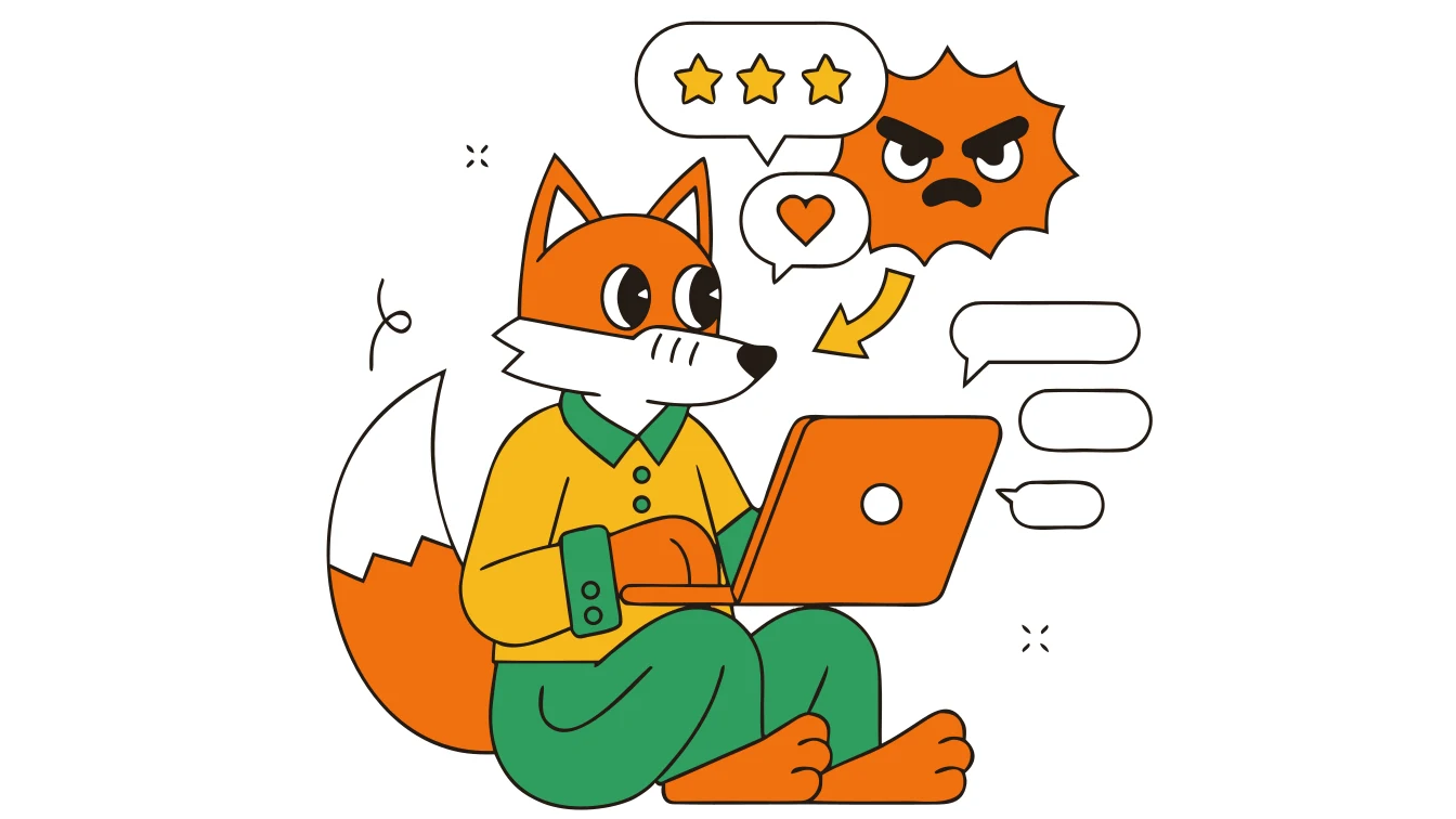 Bewertungs-Fuchs beantwortet am Laptop professionell eine negative Google Bewertung